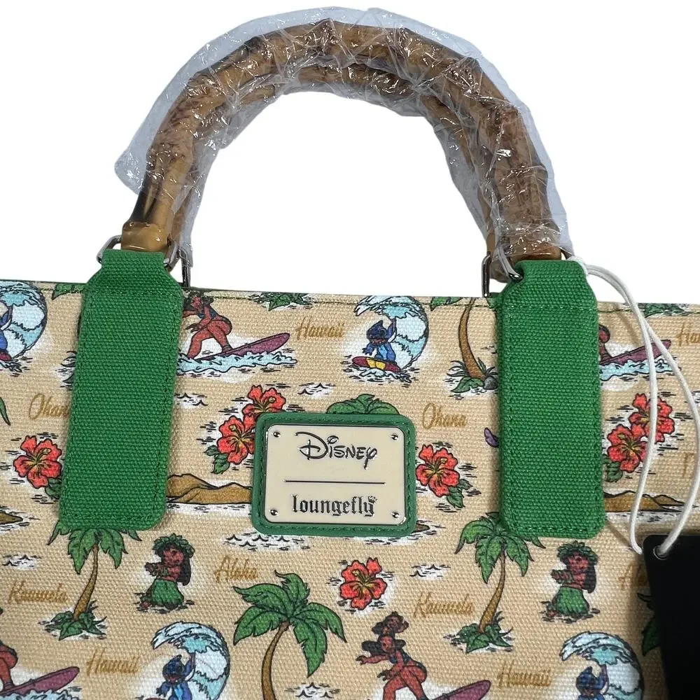LOUNGEFLY Disney Lilo Stitch Canvas Tote Bag Aloha Map Bamboo Handle Green NWT